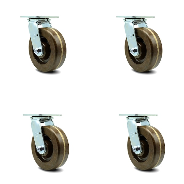 6 Inch High Temp Phenolic Swivel Caster Set with Roller Bearing and Swivel Lock